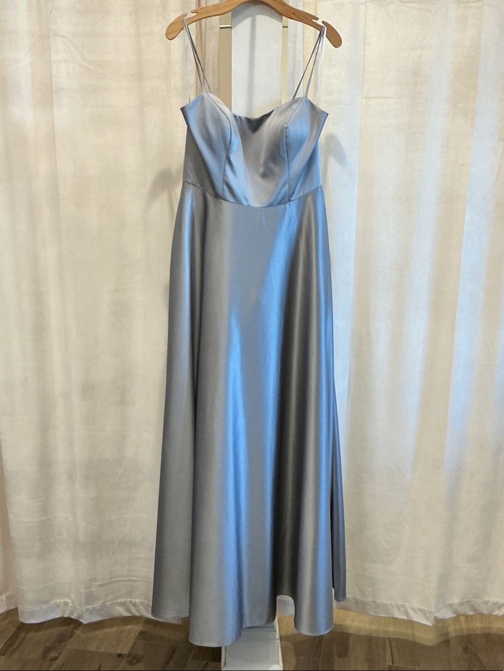 Christina Wu Silver Satin Maxi Dress with Spaghetti Straps
